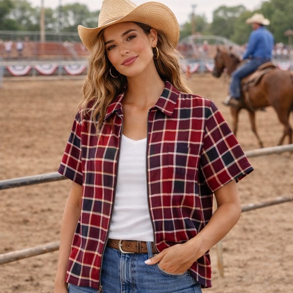 Carolina Colors Plus Red Plaid Zip Front Top 28W Short Sleeve Cotton - Picture 2 of 11